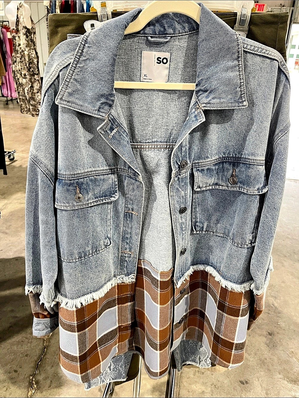 SO Denim & Plaid Mixed Media Jacket in Blue & Brown Size XL